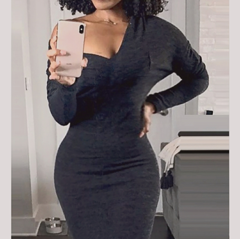 Gray Ribbed One Shoulder Bodycon Dress - Picture 2 of 2